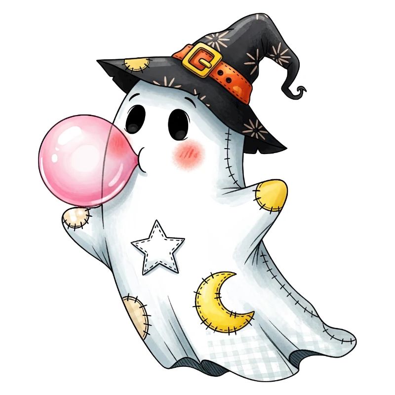 Patchwork cartoon ghost with bubble gum bubble