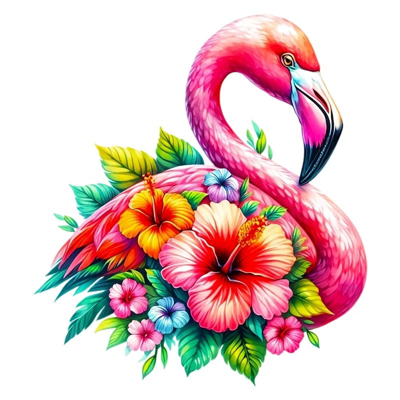 Flamant rose décoré de fleurs d’hibiscus