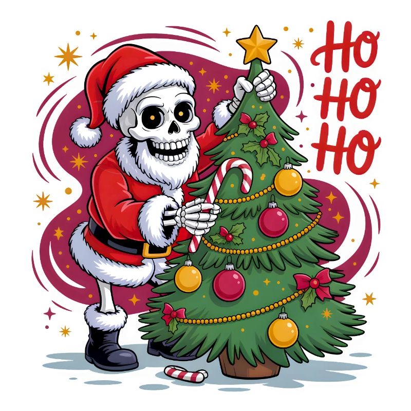 Skeleton Santa decorates tree