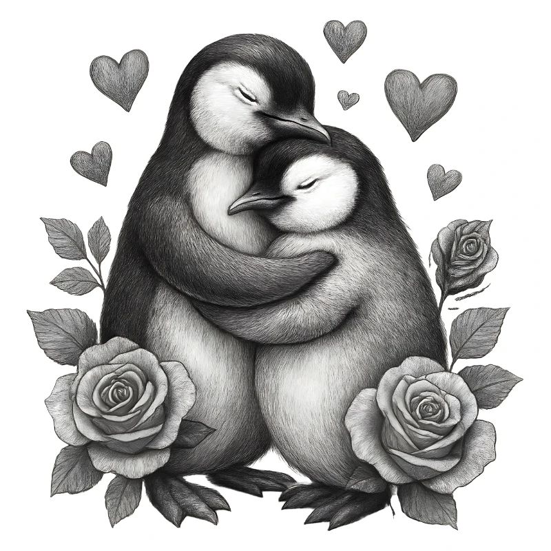 Hugging penguins with roses