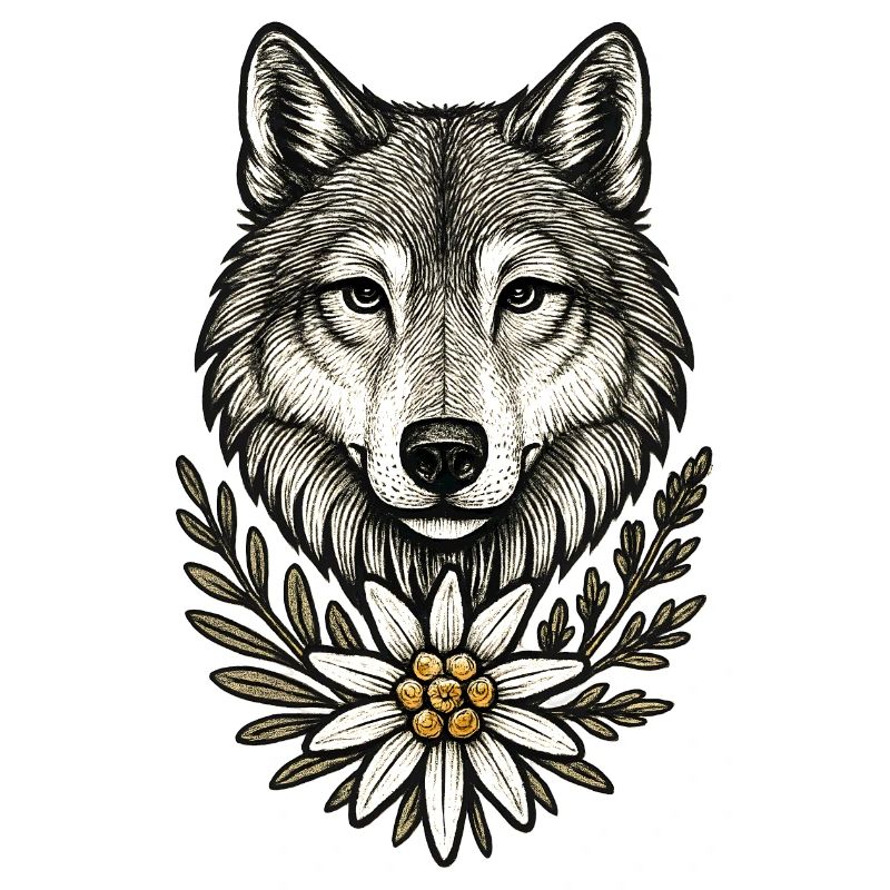 Wolfkopf mit Blumenkranz
