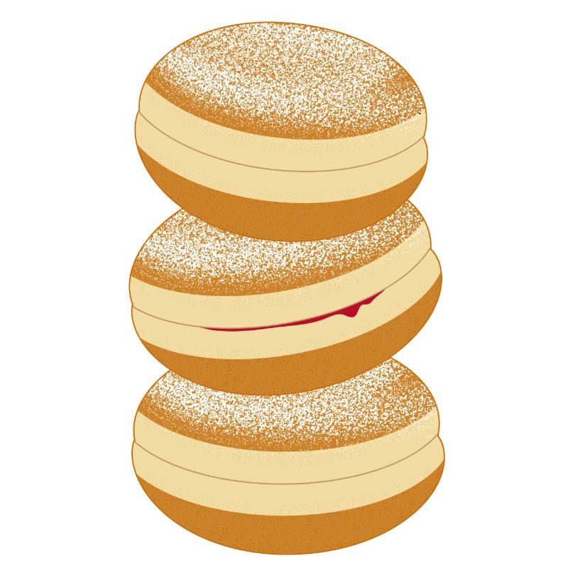 Three carnival donuts with powdered sugar & jam