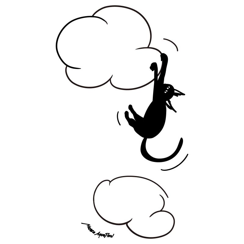 Schwarze Katze hängt an einer Wolke.