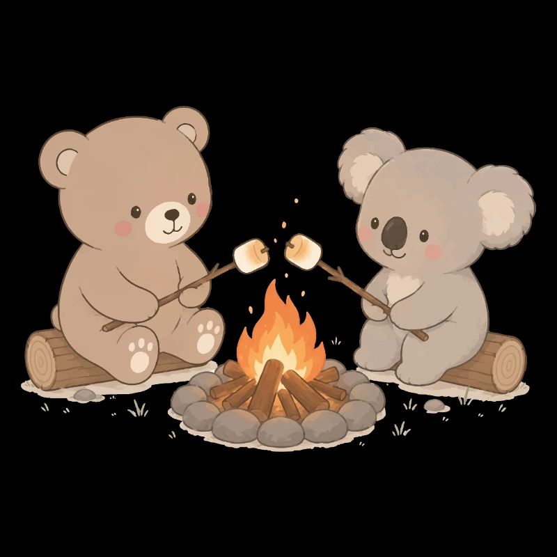 Bear and koala at the campfire with marshmallows