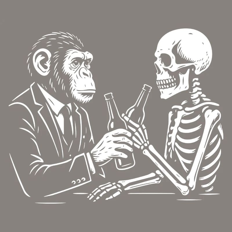 monkey and skeleton drinks beer in the pub.
