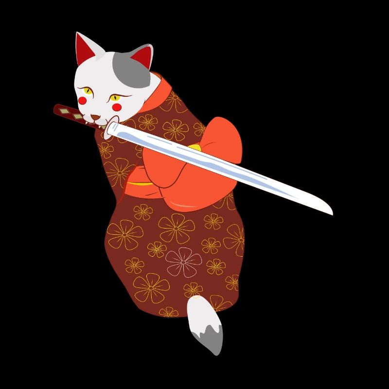 cat in kimono biting sword