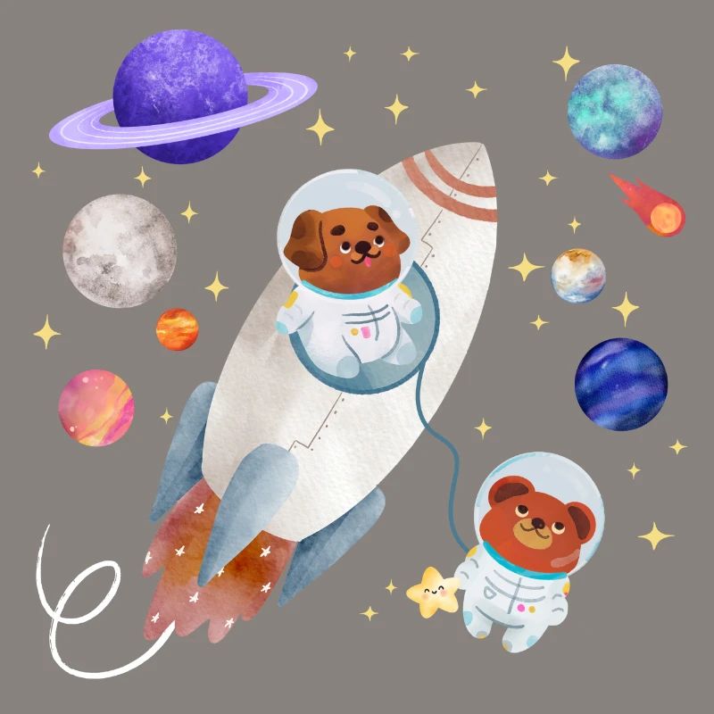 Dog and teddy bear explore space
