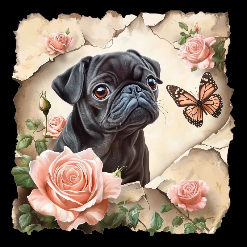 Schwarzer Mops mit Schmetterling