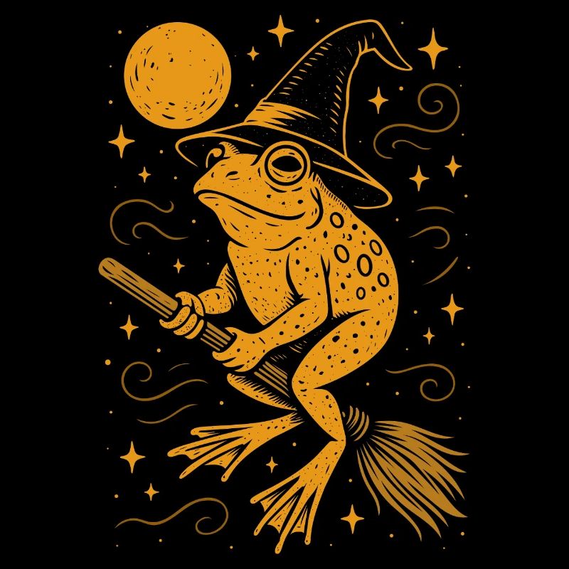 Witch frog with hat on broom