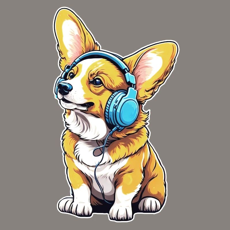 Corgi mit Kopfhörern