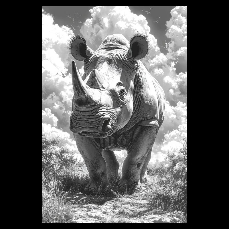 Rhinocéros noir et blanc dans le ciel nuageux