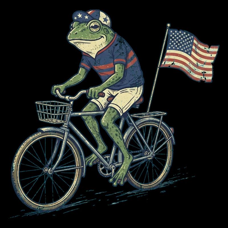 Grenouille drôle faisant du vélo avec drapeau américain