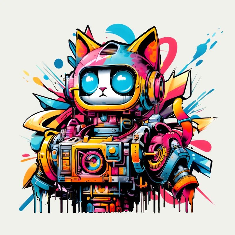 Cat designed as a robot in comic graffiti style