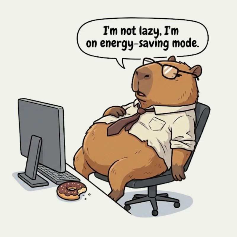 Energiesparender Capybara Biber am Arbeitsplatz