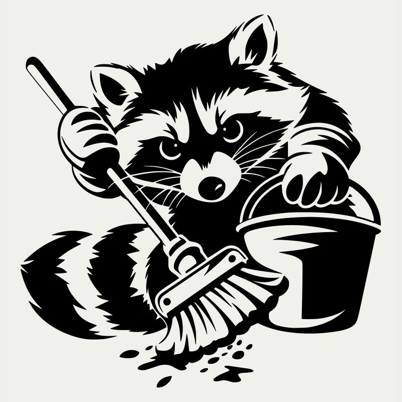 Waschbär mit Eimer & Mopp