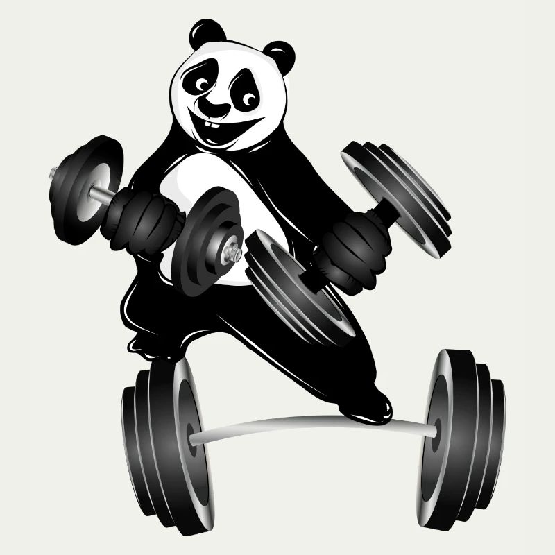 Bodybuilder panda bear with dumbbells while exercising