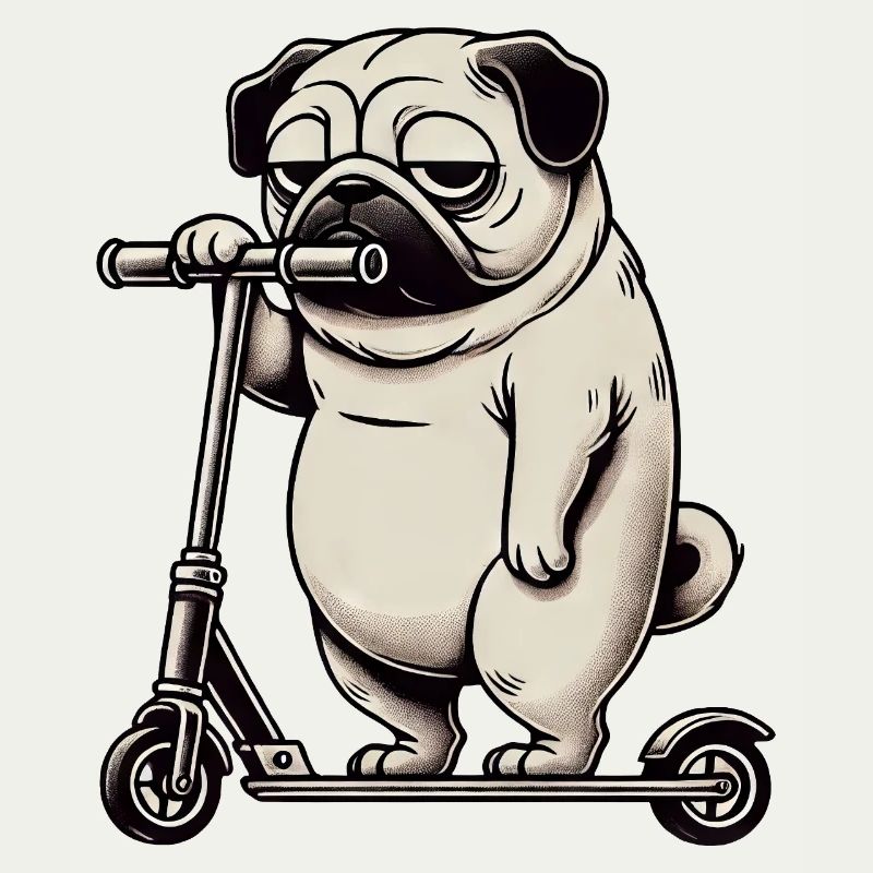 Lustiger Mops Roller Scooter Kickroller Grumpy
