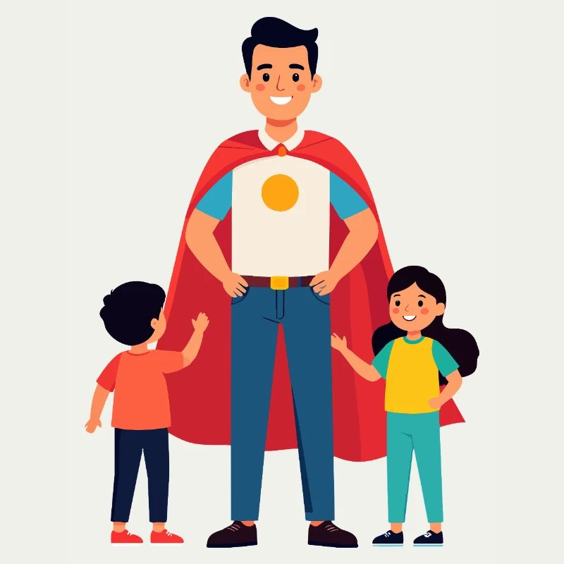 Erzieher Held oder Heldenvater mit Cape und Kinder