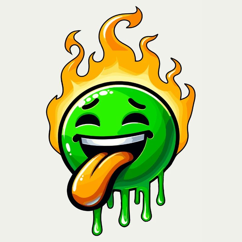 Drôle de smiley vert avec du feu