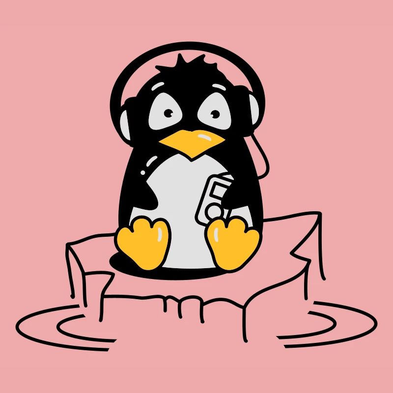 Cooler Pinguin mit Kopfhörern auf Eis