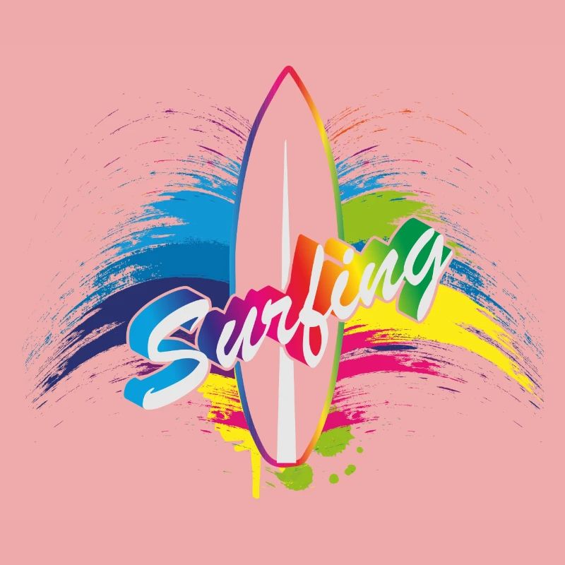 Surfing rainbow surfboard splash typography
