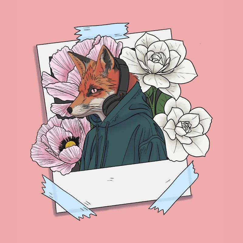 Fuchs mit Kopfhörern und Blumenthema