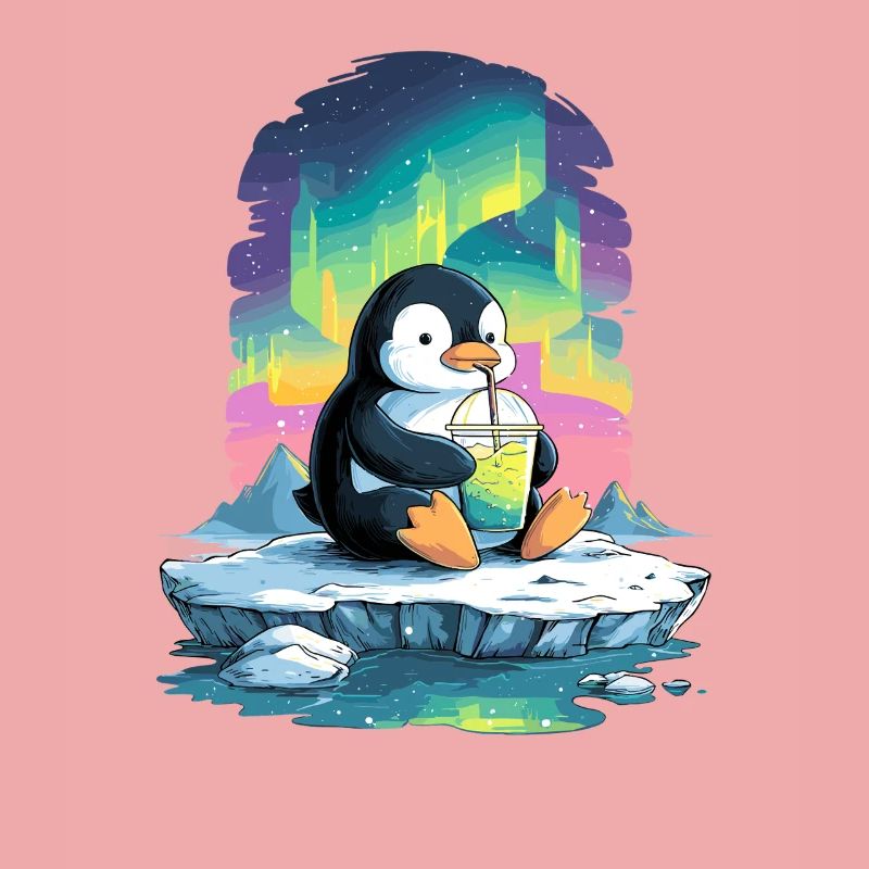 Pinguin am Eis mit Neon-Aurora