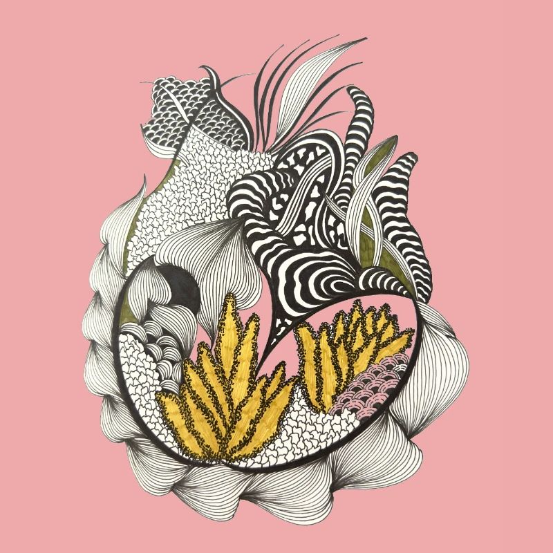 Black and White Leaf Pattern Yellow Accent