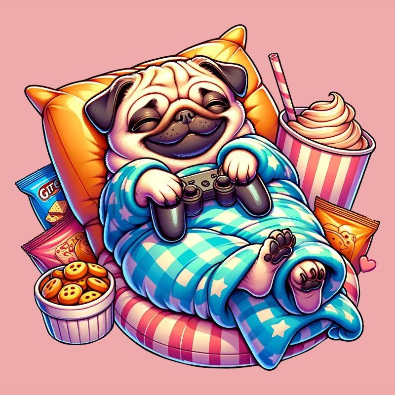 Relaxed Gaming Pug with Snacks