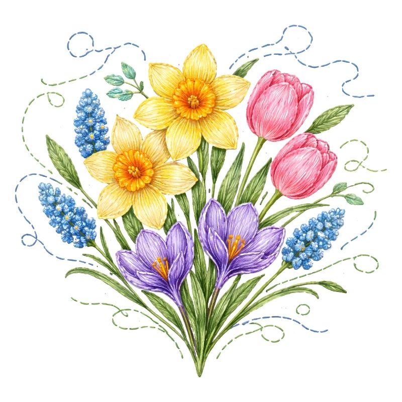 Spring flowers in embroidery style