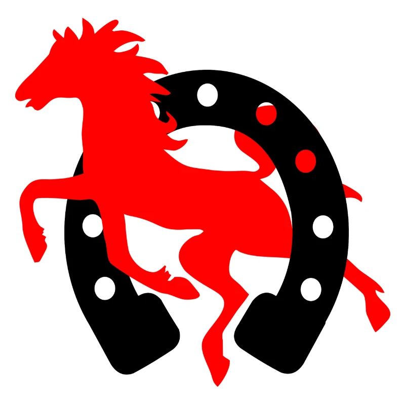 Fer à cheval rouge avec logo de cheval noir école d’équitation
