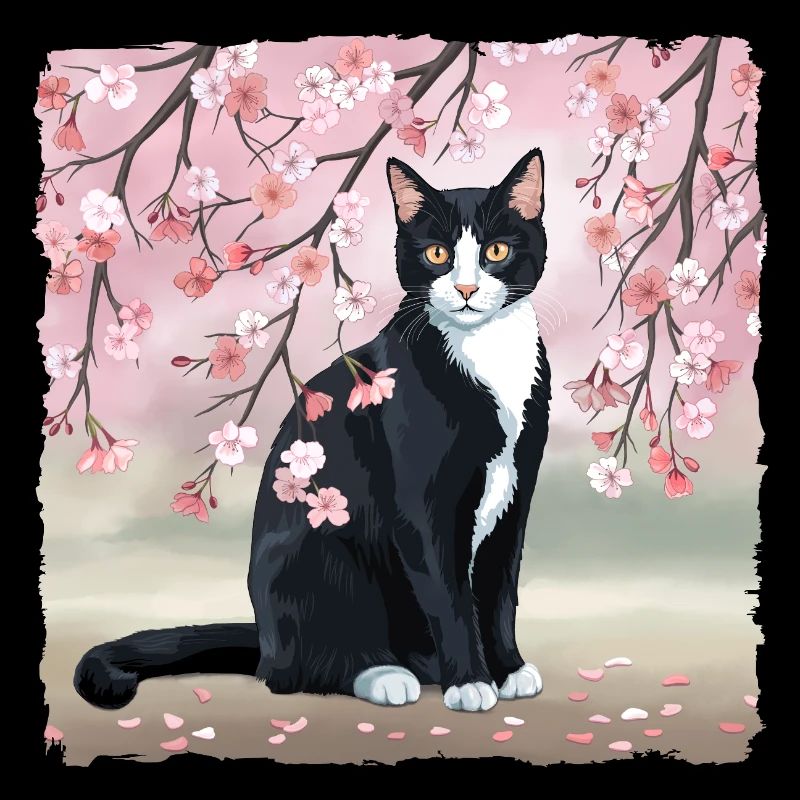 Chat en fleur de cerisier : Fleurs de Sakura roses, Chat noir