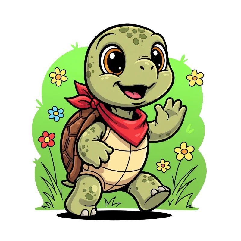 Tortue mignonne avec sac à dos et fleurs