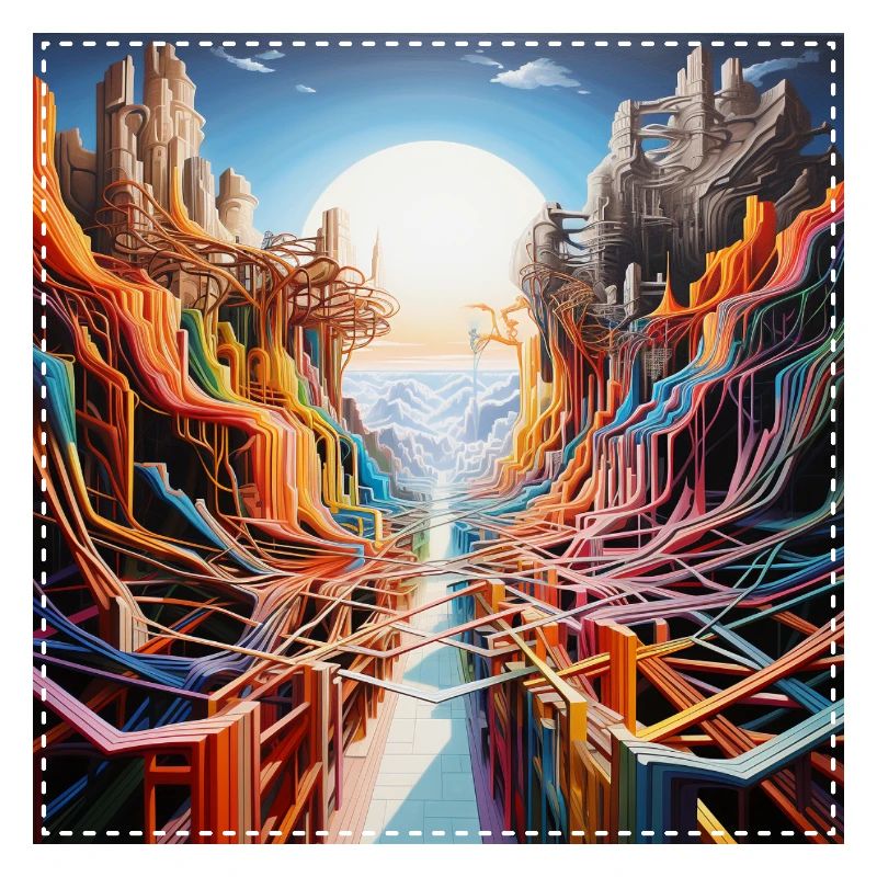 Futuristic landscape with colorful paths surreal