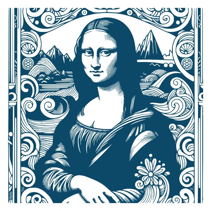 Blue modern Mona-Lisa motif with wave print