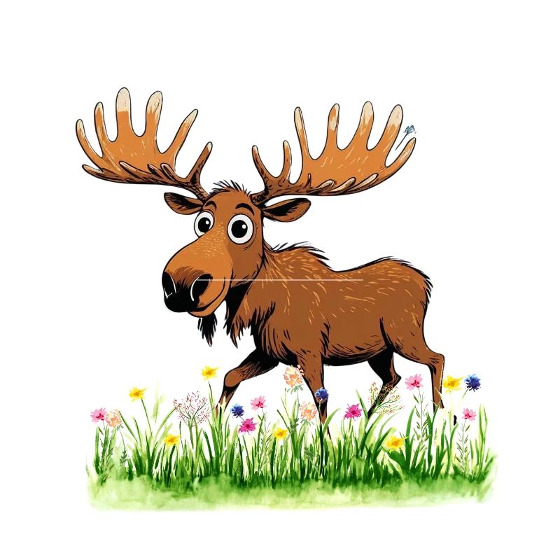 Whimsical Moose in Spring Meadow
