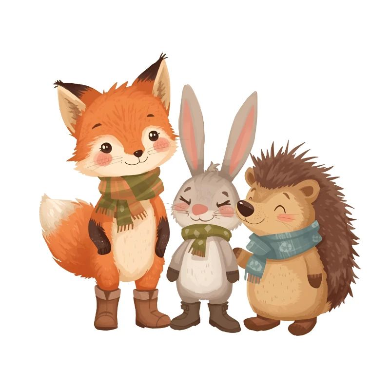 Automne Animaux de la forêt mignons avec écharpe et bottes