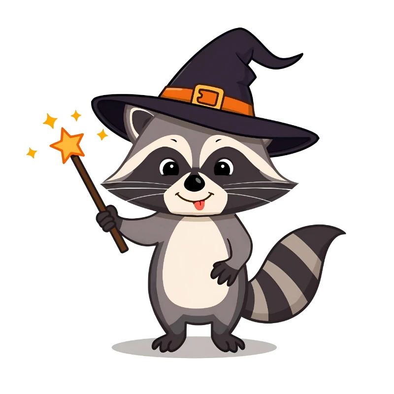 Cute Raccoon Wizard with Hat & Magic Wand