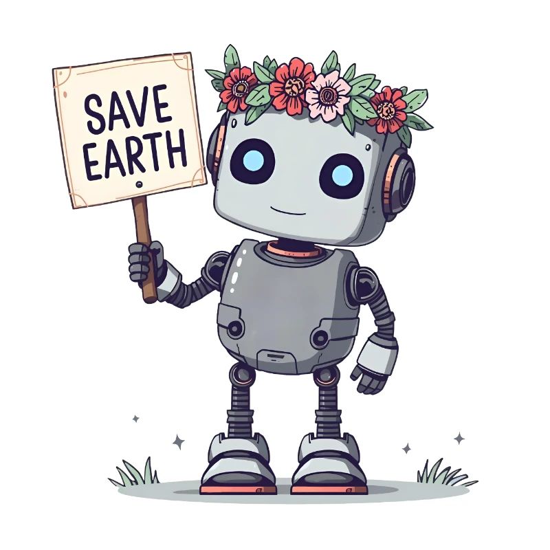 Robot mignon avec couronne de fleurs – Save Earth