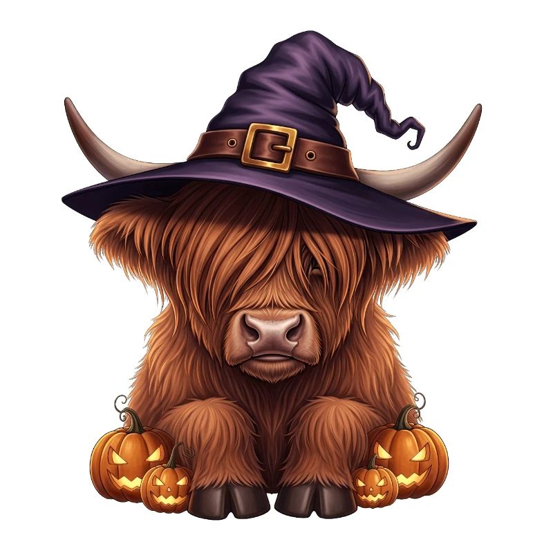 Halloween Highland Cattle with Witch Hat