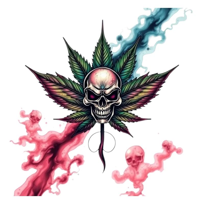 Crâne avec feuille de cannabis colorée