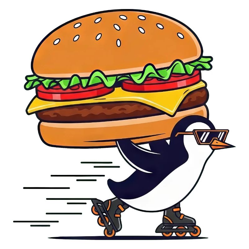 Un mignon pingouin dégustant un cheeseburger.