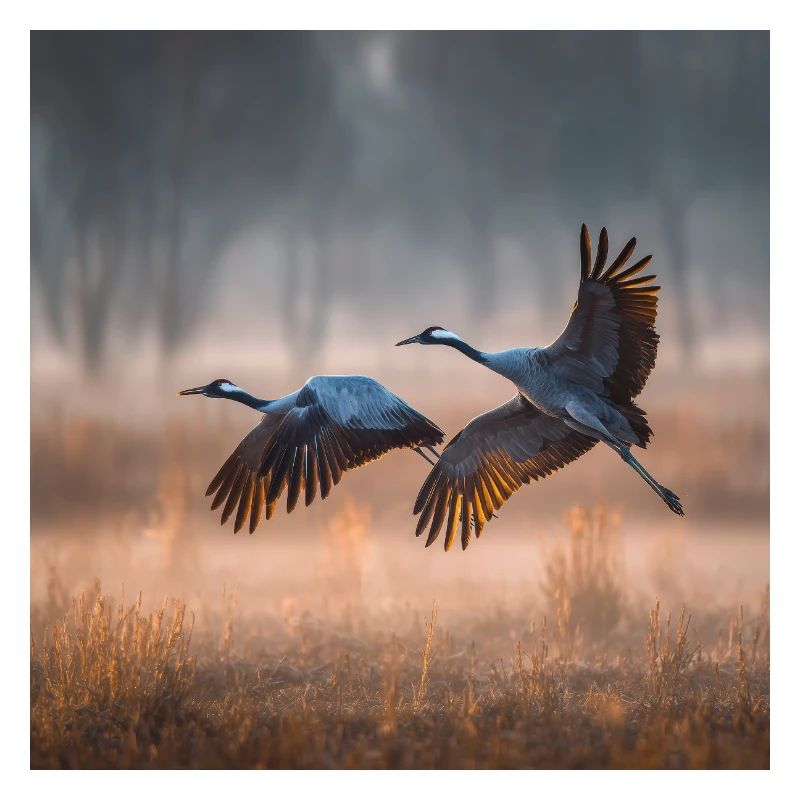 Cranes Morning Mist Migratory Birds Golden Light