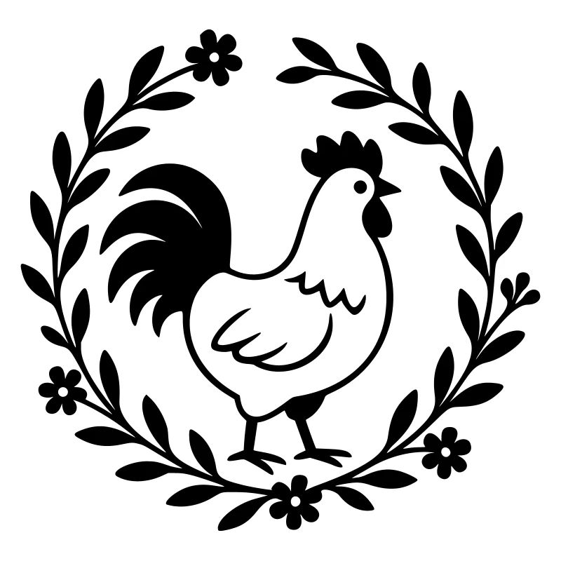 Coq dans une couronne de fleurs – motif de maison de campagne