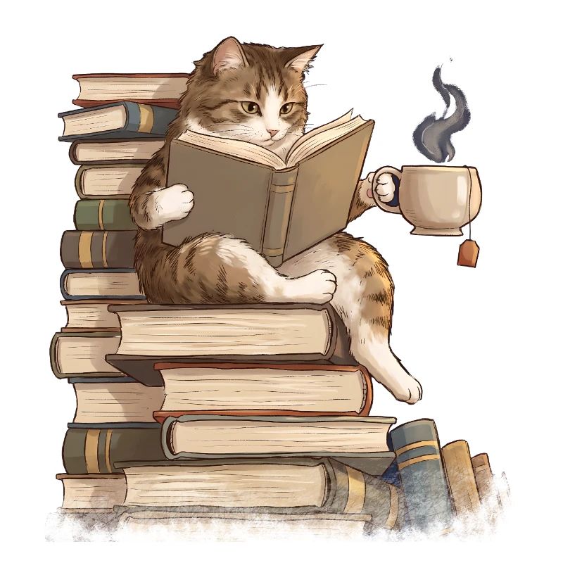 Katze liest Bücher