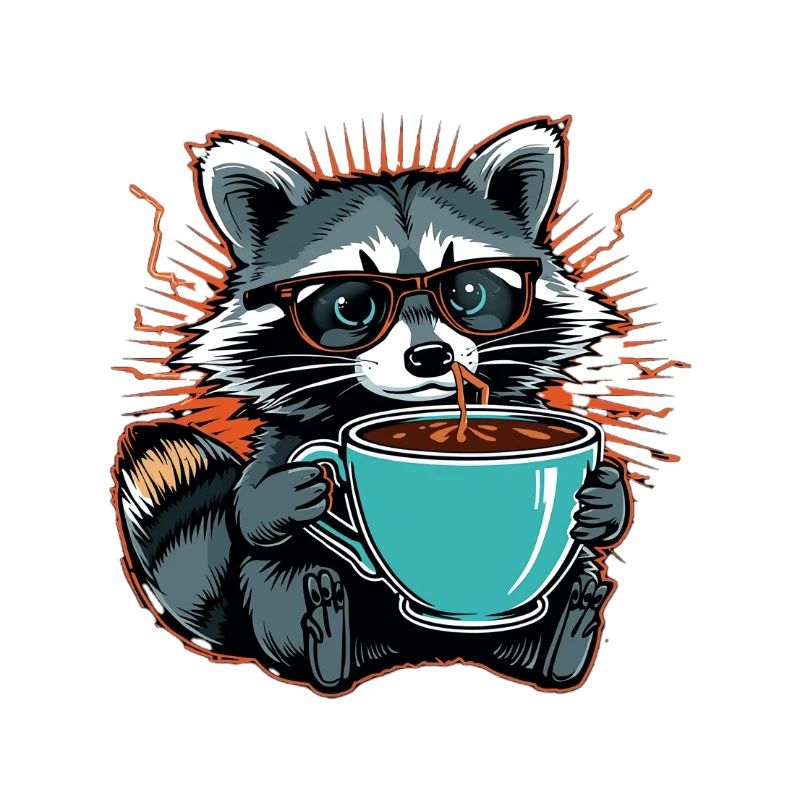 Überforderter Waschbär mit Kaffee