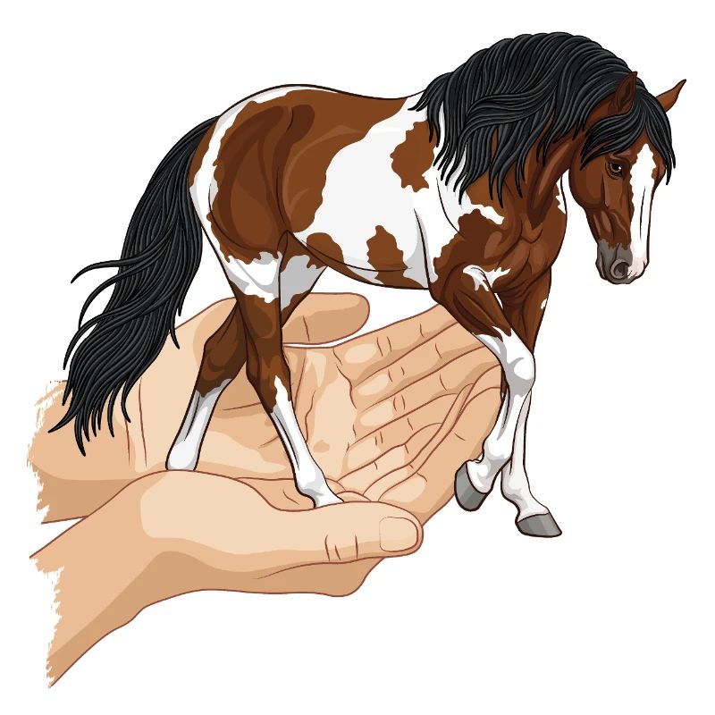 Un cheval pie qui sort de deux mains jointes