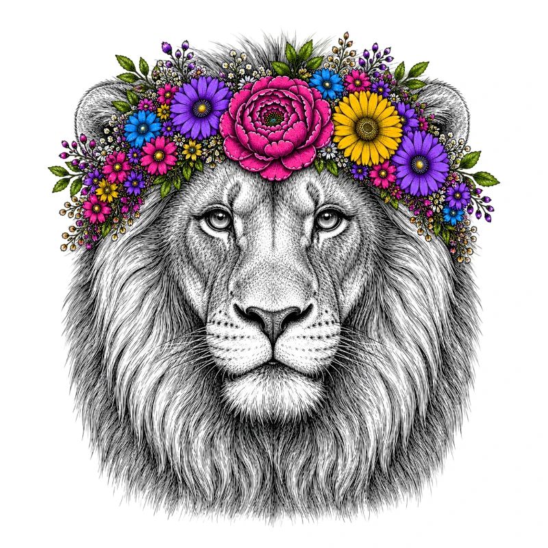 Tête de lion avec couronne de fleurs