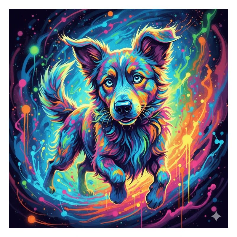 Un chien néon dans un tourbillon de couleurs