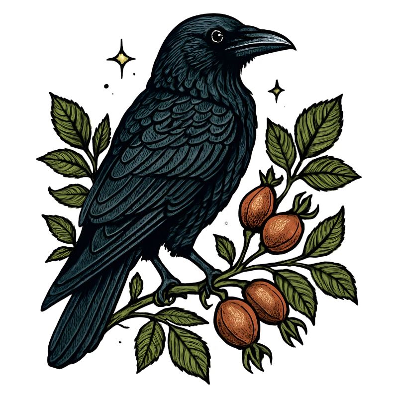 Night crow on berry vine